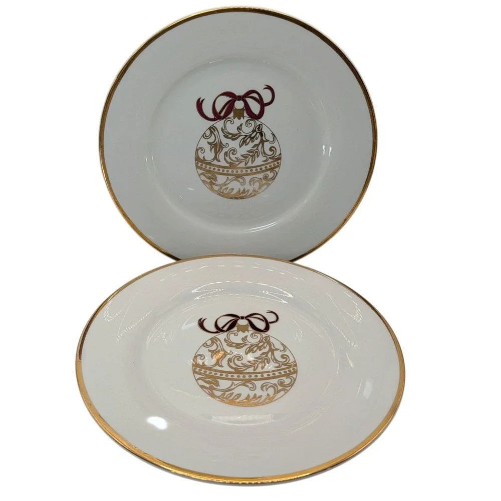 Pier One Christmas Dessert Plates Ornament Bow Gold Trim Vintage Set of Two